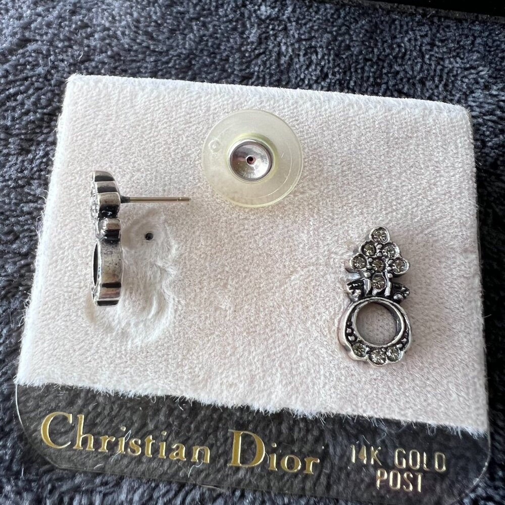 NWT Vintage Christian Dior Signed Gunmetal Plated Earrings with 14 kt Gold Posts - Picture 6 of 6